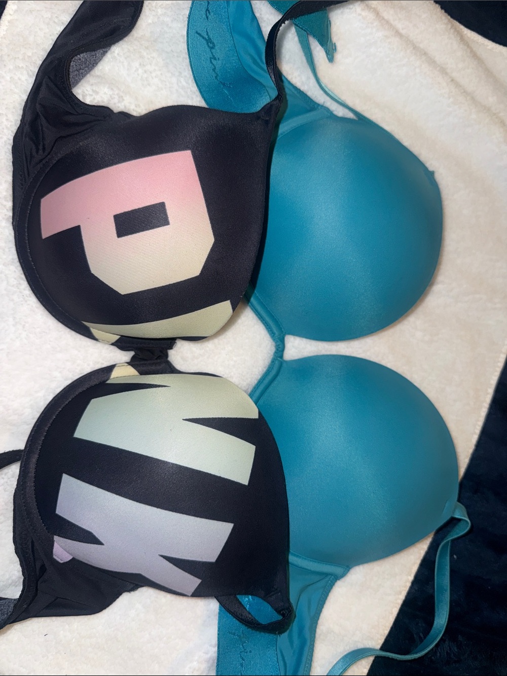 PINK Victoria's Secret Teal and Black Logo Push-Up Bra